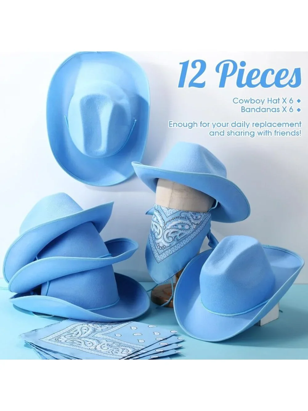 Men's Sky Blue Bandanas Bulk Adjustable Felt Western Cowboy Cowgirl Hat 12 Pcs